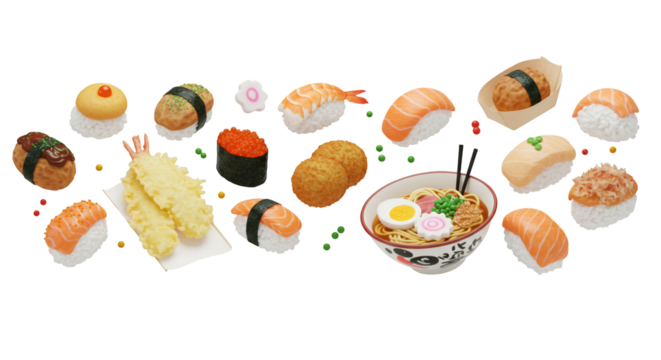Pixel Art Illustration of Sushi Ramen and Tempura Japanese Food with Transparent Background