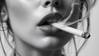 Obraz premium A Woman face Black and White Smoke by mouth a half cigarette use no hand on white background