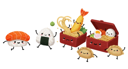Playful Pixel Art Illustration of Japanese Food Characters with Cheerful Smiles Against a Transparent Background Including Sushi Onigiri Bento Box and Dumplings