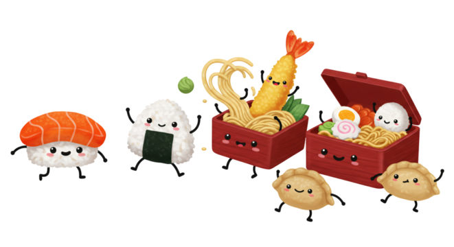 Playful Pixel Art Illustration of Japanese Food Characters with Cheerful Smiles Against a Transparent Background Including Sushi Onigiri Bento Box and Dumplings - Powered by Adobe