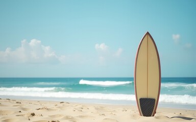 A surfboard stands on the beach. High quality