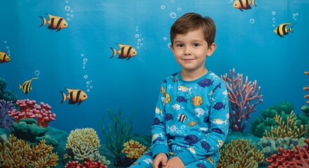 Smiling boy in ocean themed pajamas
