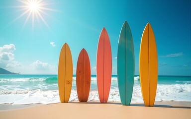 Four colorful wooden surfboards stand proudly on a sandy beach under the sun beside the gentle waves of the ocean, showcasing the art of surfing in this tropical paradise. High quality
