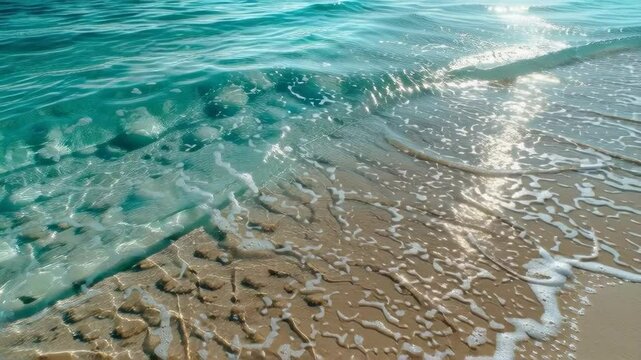 A tranquil close-up of a pristine shoreline where crystal-clear turquoise water gently laps against the golden sand.