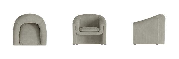 Furniture Chair Lounge Armchair Top View, Front View, Side View. Isolated Transparent Background