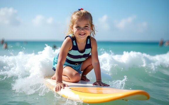 Happy baby girl - young surfer ride on surfboard with fun on sea waves. Active family lifestyle, kids outdoor water sport lessons and swimming activity in surf camp. Summer vacation with child.