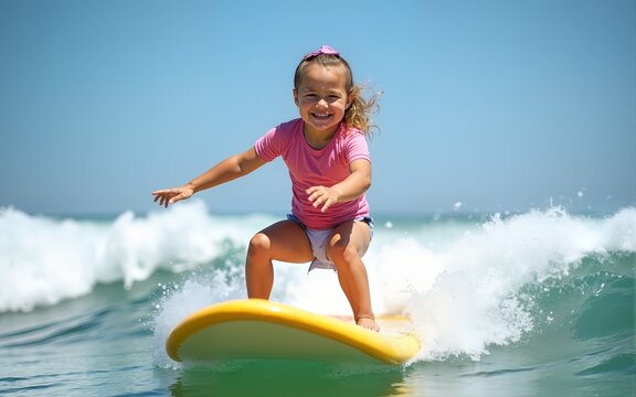 Happy baby girl - young surfer ride on surfboard with fun on sea waves. Active family lifestyle, kids outdoor water sport lessons and swimming activity in surf camp. Summer vacation with child. - Powered by Adobe