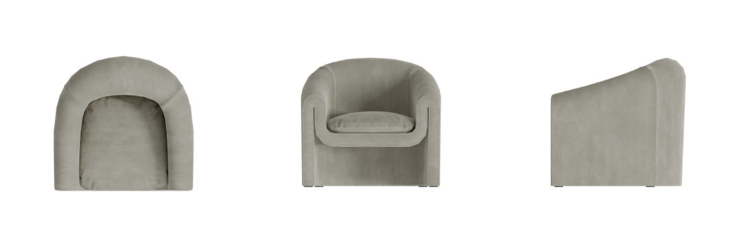 Furniture Chair Lounge Armchair Top View, Front View, Side View. Isolated Transparent Background