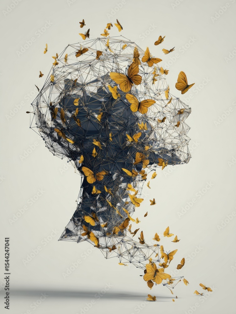 Aufkleber Abstract Mesh of Nerves Transforms Into Butterflies Representing Healing and Transformation in a Surreal Artistic Concept