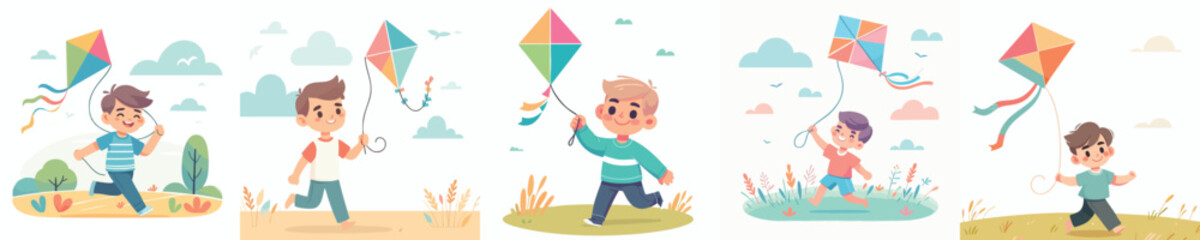 Children Playing with Kites — Outdoor Fun, Happy Childhood, Summer Activity, Flat Design Illustration