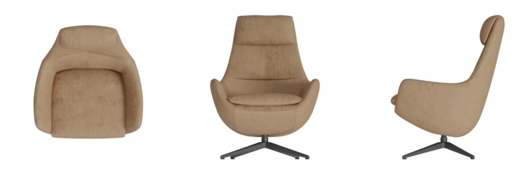 Furniture Chair Lounge Armchair Top View, Front View, Side View. Isolated Transparent Background