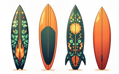 Cartoon surfing board with summer design and ethnic pattern. Surfboard with tropical leaf print, flame and lightning. Surf boards vector set. High quality