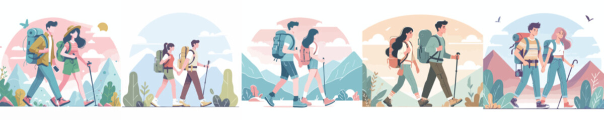 Young Couple Hiking Adventure — Flat Vector Illustration of Outdoor Trekking, Camping, Backpacking in Mountains