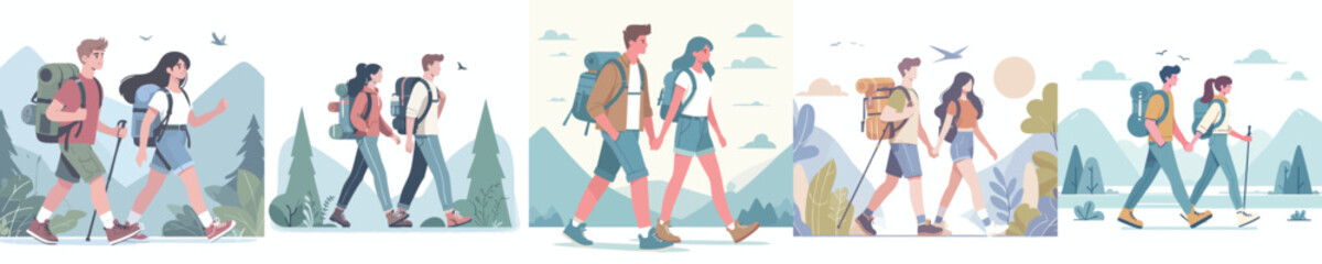 Vector Illustration of Young Couple Hiking in Nature — Outdoor Adventure, Mountain Trekking, Backpacking Trip