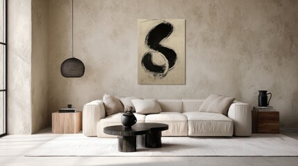 Abstract art painting of a minimalistic interior design, a living room with a beige sofa and black coffee tables near a window, a white wall with abstract organic shapes artwork in modern home decor.