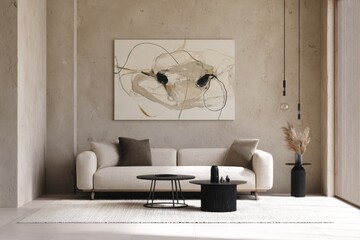 Abstract art painting of a minimalistic interior design, a living room with a beige sofa and black coffee tables near a window, a white wall with abstract organic shapes artwork in modern home decor.