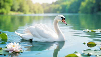 Obraz premium Elegant swan swimming on serene lake with lily pads and flowers 