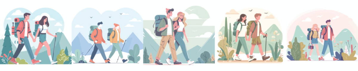 Couple Hiking in Mountains — Adventure, Outdoor Travel, Backpacking, Flat Vector Illustration