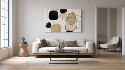 Abstract art painting of a minimalistic interior design, a living room with a beige sofa and black coffee tables near a window, a white wall with abstract organic shapes artwork in modern home decor.