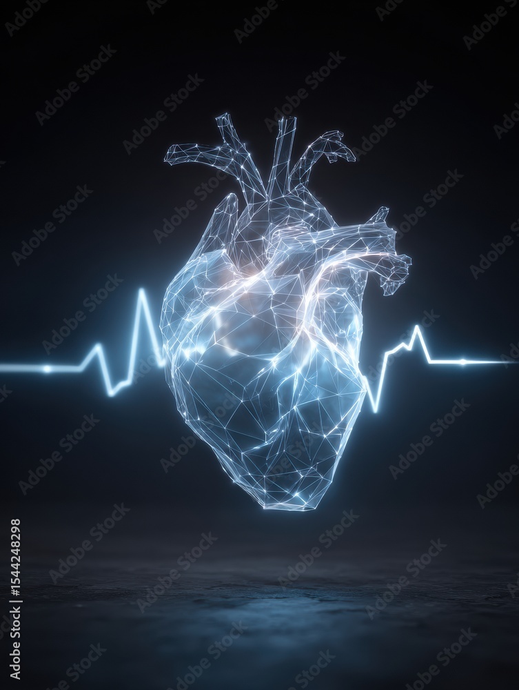 Aufkleber glowing abstract heart with dynamic pulse graph displays energetic rhythm in upper space