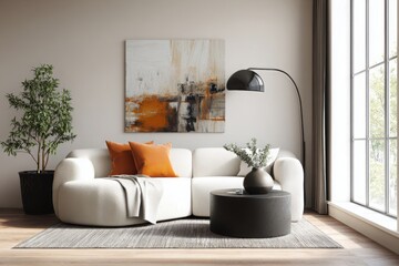 Beige modern interior with a white sofa, a brown and orange abstract painting on the wall, a plant in a black pot, a round coffee table, and a floor lamp near the window. Minimalist home design.