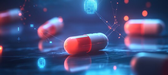 A digital illustration of various pills and supplement bottles connected by glowing connections, with icons representing health data in the background.