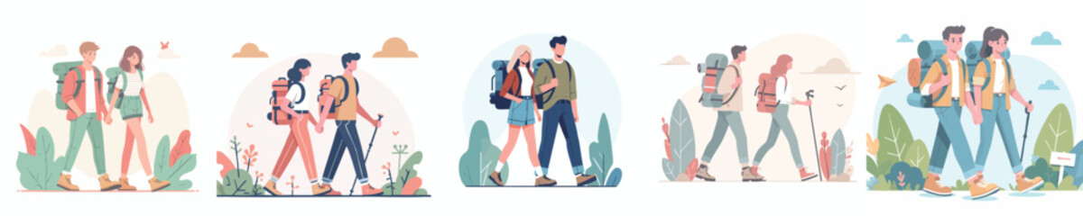 Flat Design Vector of Happy Couple Hiking — Outdoor Camping Adventure, Trekking in Nature