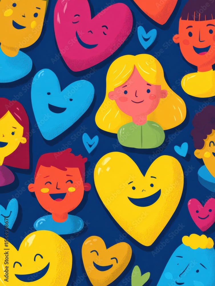 Poster smiling faces and colorful hearts create a vibrant community support graphic celebrating connection 