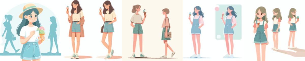 Cute Girls Eating Ice Cream – Flat Design Vector Illustration
