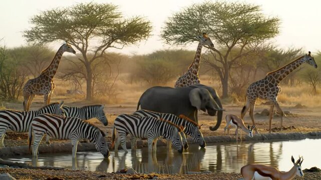 African Savanna Wildlife Elephants, Giraffes, Zebras at Watering Hole - Stunning Nature Photography 4k Video