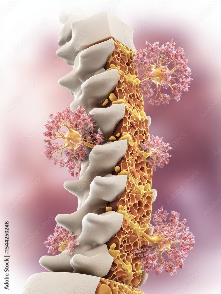 Poster cross-section of the human spine showcasing nerve clusters and structural details in an infographic 
