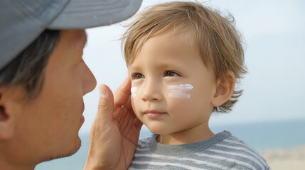 non-toxic sunblock for children A loving moment between a parent and child as sunscreen is applied at the beach, highlighting care and protection.