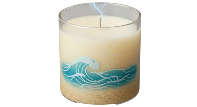 Ocean wave scented candle home decor aromatherapy relaxation spa gift idea for calming ambiance and mood enhancement on transparent background