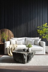 Modern living room with black wood paneling, white sofa, and a coffee table made. Interior design captures the natural light and wooden accessories on the wall, showcasing a minimalistic style.