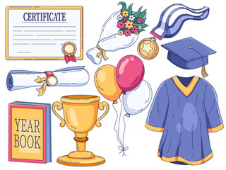 illustration collection of graduation-themed elements, including an academic cap, diploma, medal, gown, trophy, yearbook, bouquet of flowers, certificate, and celebratory balloons. 