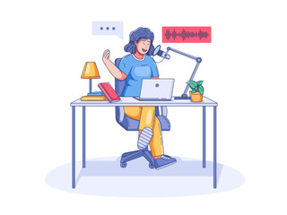 illustration of a podcast host recording a monologue episode in a home studio. The setup includes a mounted microphone, laptop, books, a lamp, and a potted plant blend of coziness and professionalism.