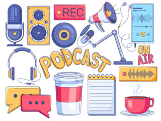 illustration presenting a variety of podcasting-related elements such as a microphone, headphones, audio mixer, coffee cup, notepad, megaphone, speech bubbles, etc. 