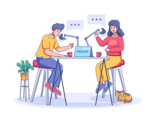illustration of two people recording a podcast in a cozy home setting. They sit at a table with microphones and a tablet computer, surrounded by a relaxing atmosphere that includes warm drinks, cat
