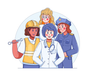Empowered women in diverse careers—construction, medicine, law, and education—stand proud in work attire, celebrating leadership, progress, and gender equality.