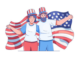 An illustration of a cheerful couple celebrating the Fourth of July, joyfully waving a large American flag. They are dressed in patriotic clothing, reflects national pride, happiness