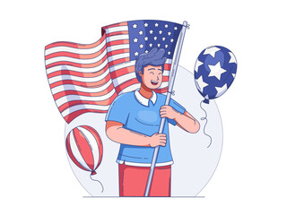 An illustration of person celebrating U.S. Independence Day by enthusiastically waving a large American flag. The scene captures the festive atmosphere of July 4th, highlighting national pride