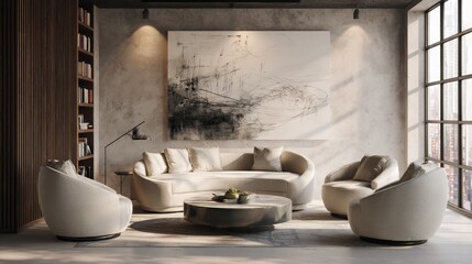 Modern Scandinavian interior design, a living room with a round sofa and armchairs in neutral tones, abstract art on the wall.