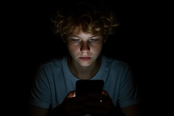 Young boy using smartphone in dark room at night