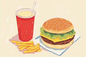 vibrant color visual of fast food meal burger fries drink