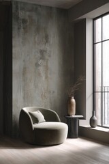 The modern interior design of the hall features a minimalist style. The concrete wall has a beautiful texture, with light gray and dark brown colors.