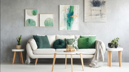 White modern living room interior with a sofa and abstract paintings on the wall, green pillows, and coffee table decor mock up.