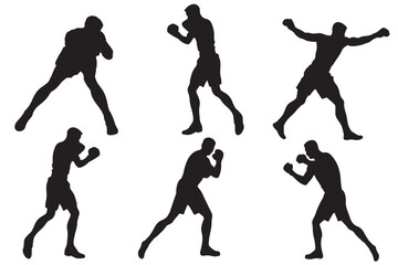 Boxer silhouette icon set. Boxing silhouette, Double Boxing set box icon, Boxing illustration, silhouette, set icon, silhouette. People pose while boxing isolated on white.