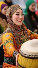 Woman in Vibrant Traditional Dress Plays Drum