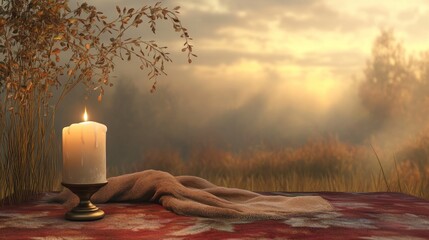 Serene autumn scene with candle and blanket