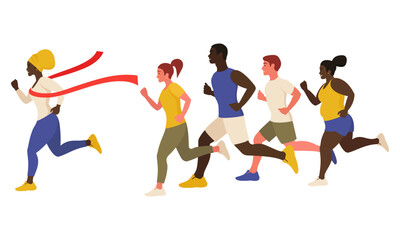 Marathon. The winner, an African woman, was the first to reach the finish line and crossed the red ribbon. Runners.